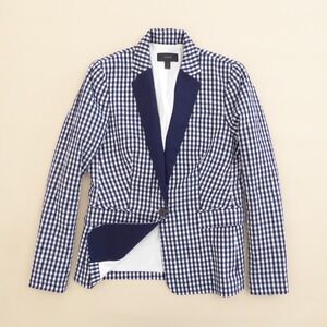 J Crew Puckered Gingham Blazer Jacket Navy Blue Lapel White Cotton Womens Size 4